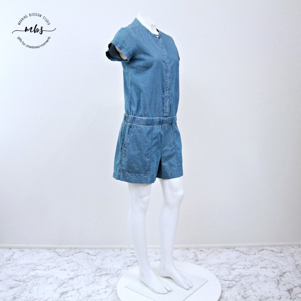 J. Crew Factory Chambray Short Sleeve Romper Preppy Utility Blue Women 6